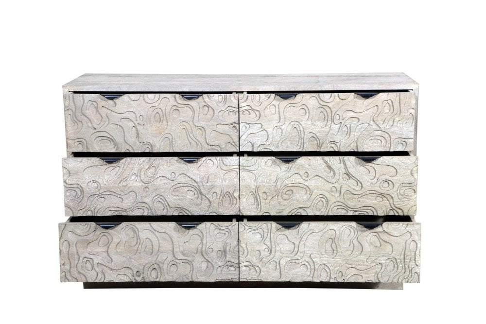 57" Gray Carved Geometric Solid Wood Six Drawer Dresser