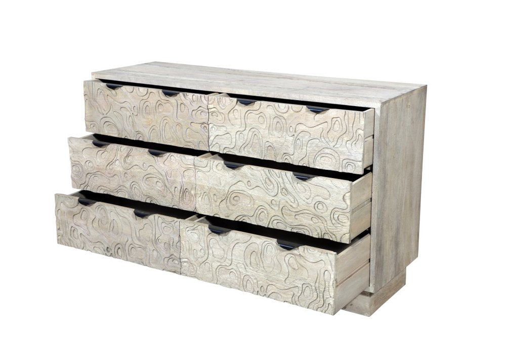 57" Gray Carved Geometric Solid Wood Six Drawer Dresser