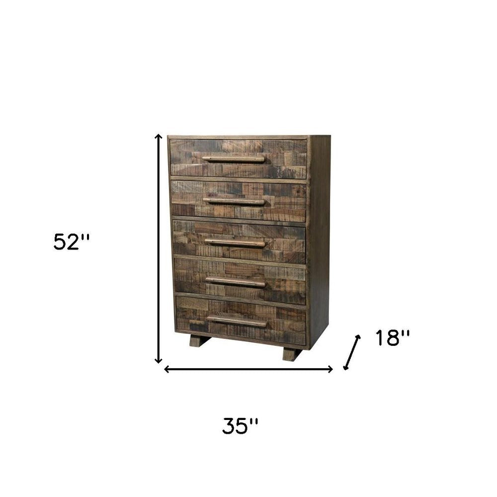 35" Brown Carved Geometric Solid Wood Five Drawer Dresser