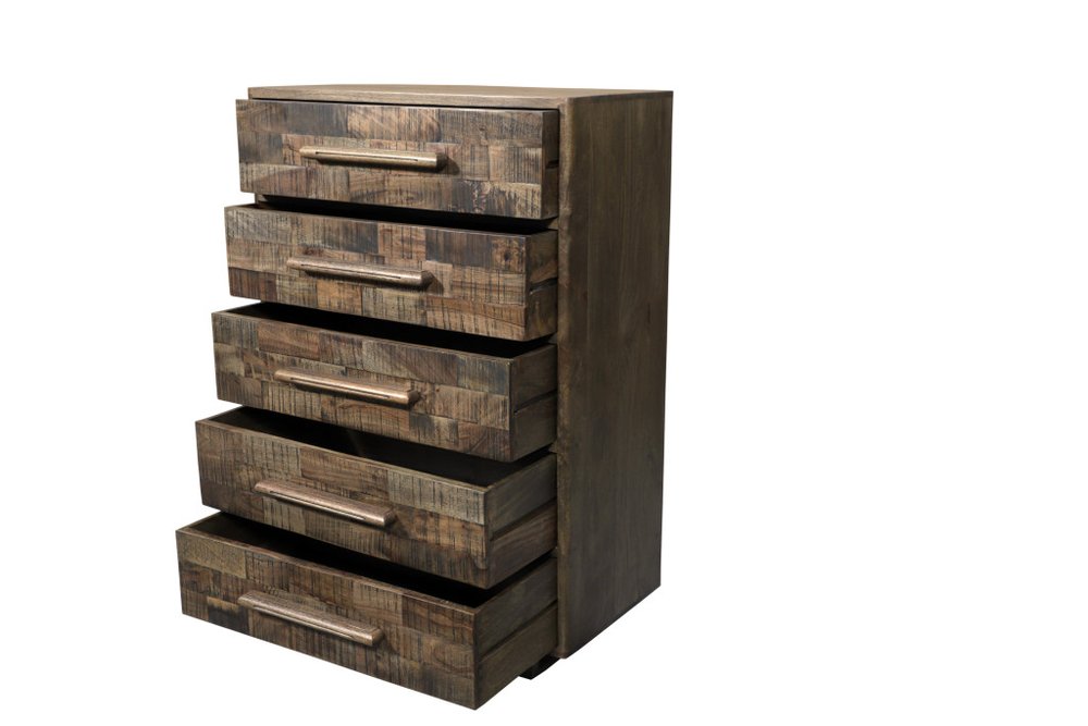 35" Brown Carved Geometric Solid Wood Five Drawer Dresser