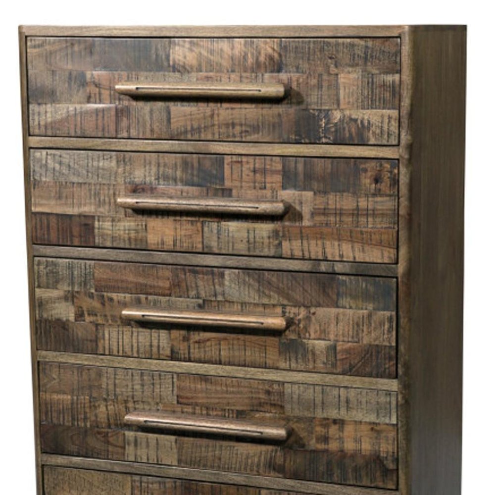 35" Brown Carved Geometric Solid Wood Five Drawer Dresser