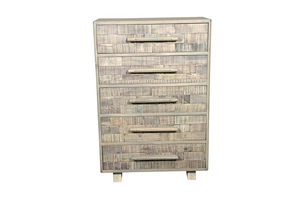 35" Gray Carved Geometric Solid Wood Five Drawer Dresser