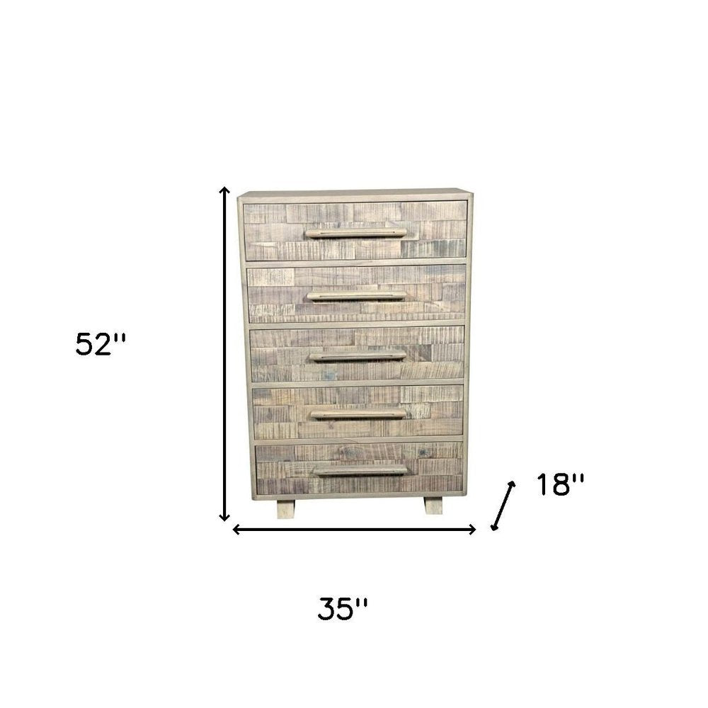 35" Gray Carved Geometric Solid Wood Five Drawer Dresser