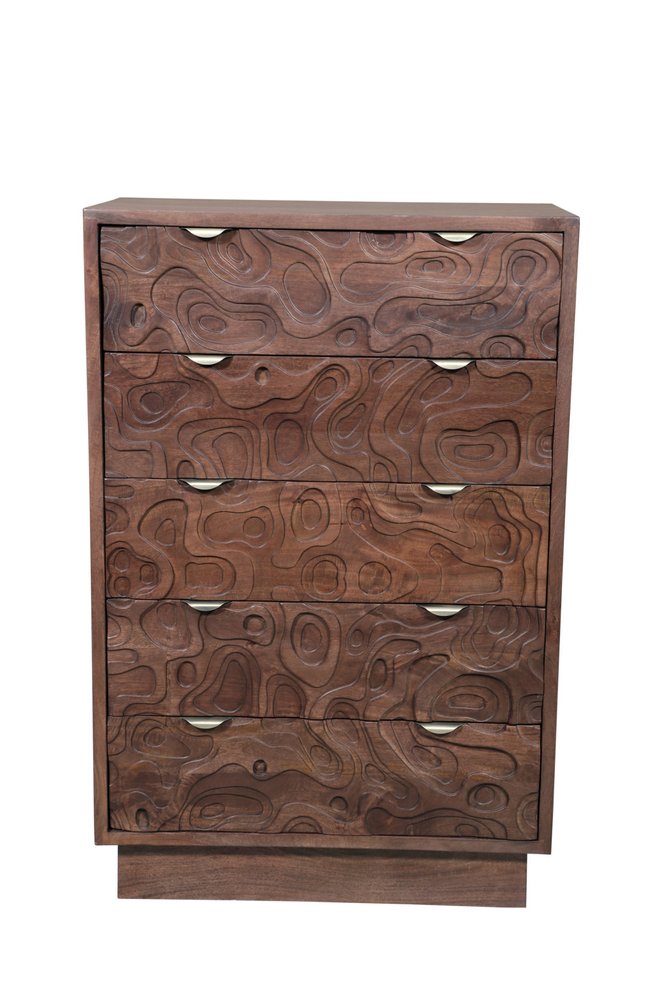 35" Brown Carved Abstract Solid Wood Five Drawer Dresser