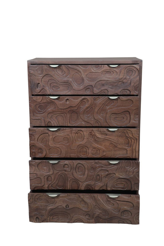 35" Brown Carved Abstract Solid Wood Five Drawer Dresser