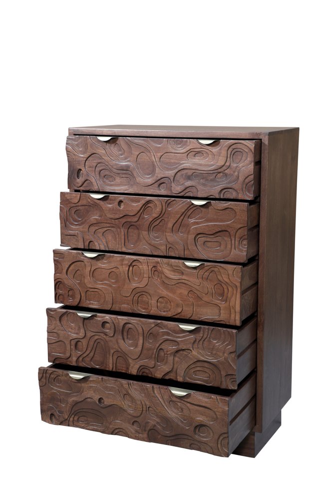 35" Brown Carved Abstract Solid Wood Five Drawer Dresser