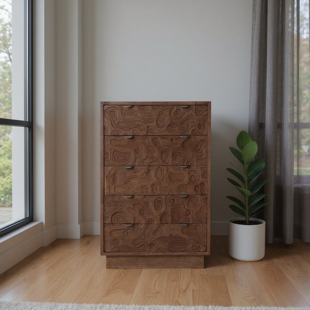 35" Brown Carved Abstract Solid Wood Five Drawer Dresser