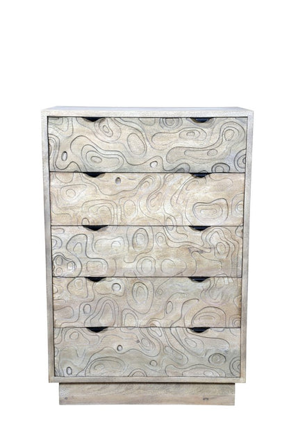 35" Gray Carved Abstract Solid Wood Five Drawer Dresser