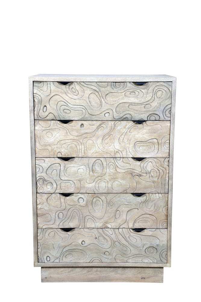 35" Gray Carved Abstract Solid Wood Five Drawer Dresser