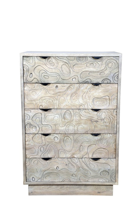 35" Gray Carved Abstract Solid Wood Five Drawer Dresser