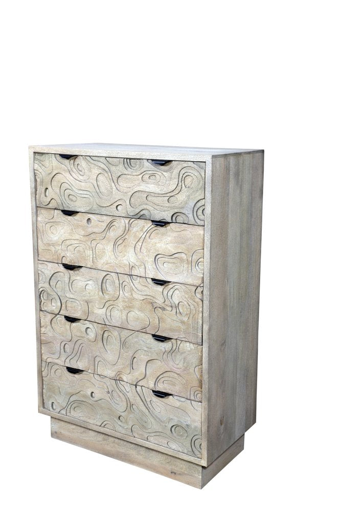 35" Gray Carved Abstract Solid Wood Five Drawer Dresser