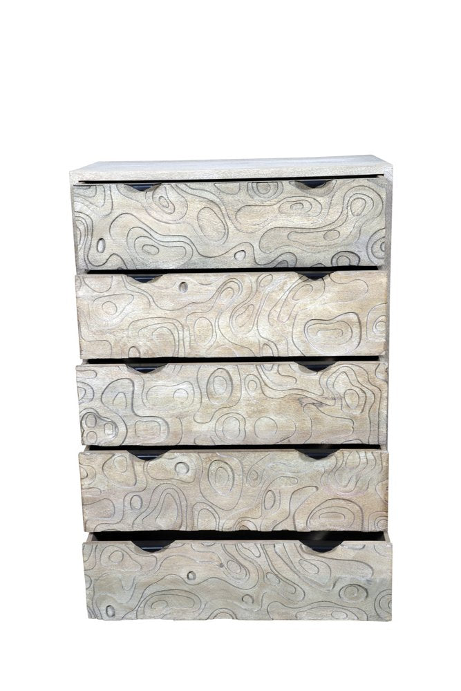 35" Gray Carved Abstract Solid Wood Five Drawer Dresser
