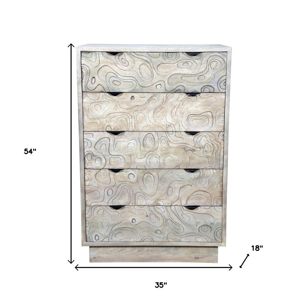 35" Gray Carved Abstract Solid Wood Five Drawer Dresser