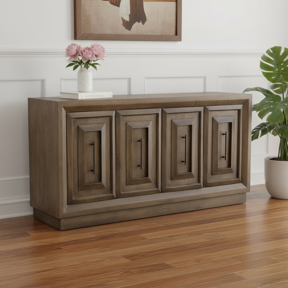 78" Brown Solid Wood Carved Geometric Sideboard with Four Doors
