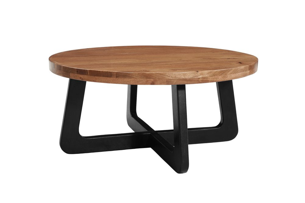 39" Brown and Black Solid Wood And Iron Round Cross Legs Coffee Table