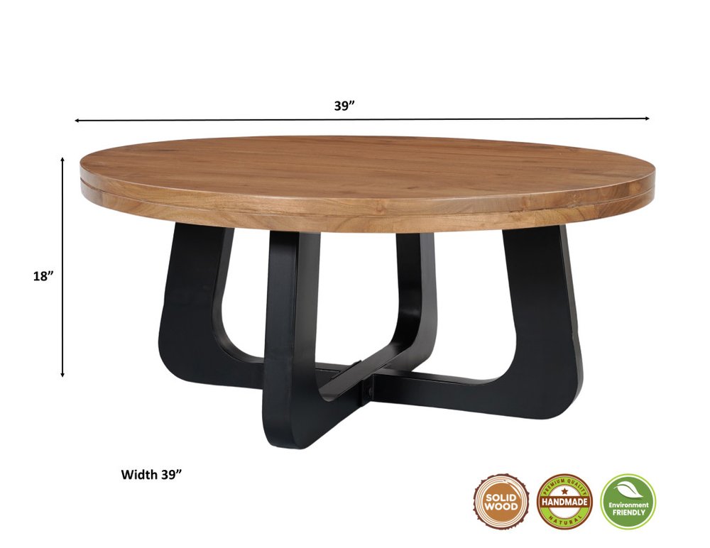 39" Brown and Black Solid Wood And Iron Round Cross Legs Coffee Table
