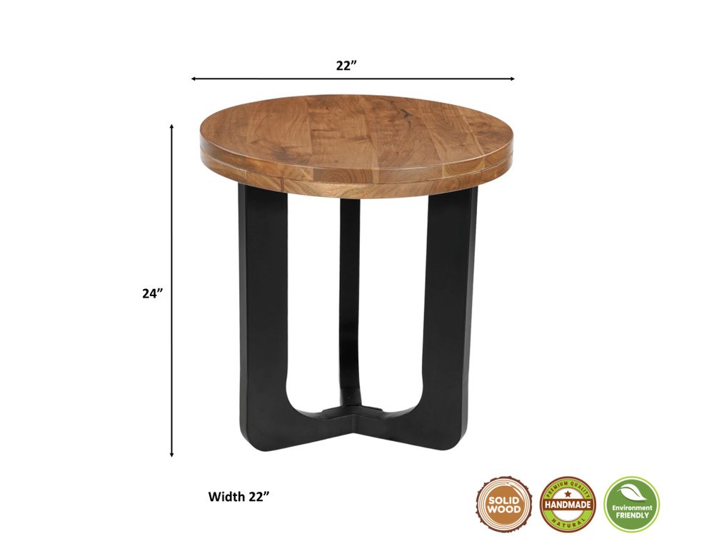 24" Brown and Black Solid Wood And Iron Round Cross Legs End Table