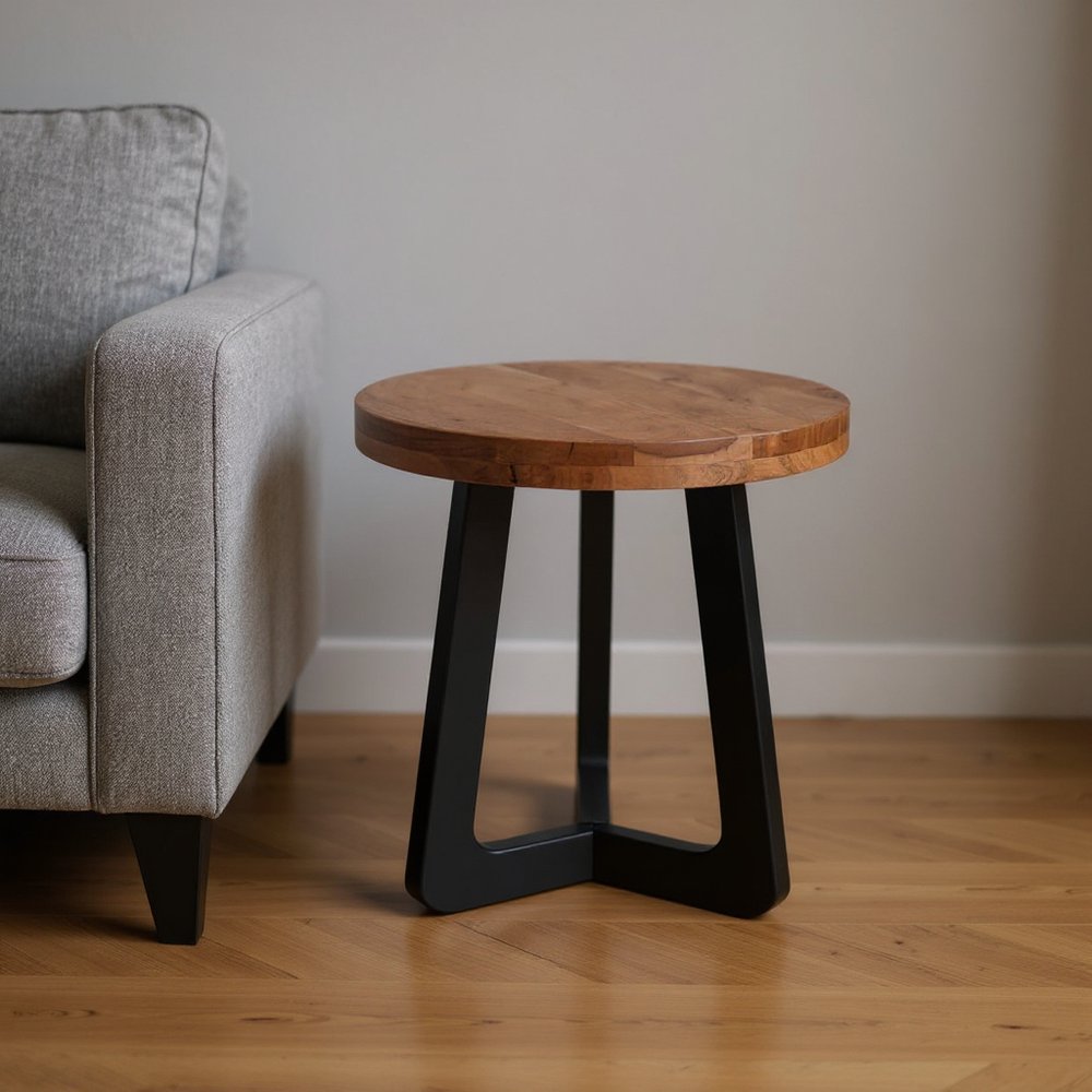 24" Brown and Black Solid Wood And Iron Round Cross Legs End Table