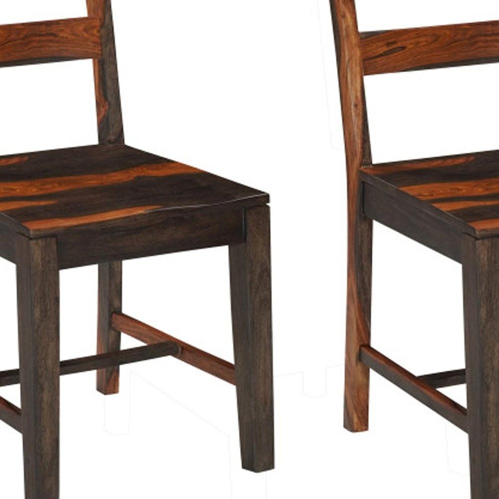 Set of Two Dark Brown Solid Wood Ladder Back Dining Side Chairs