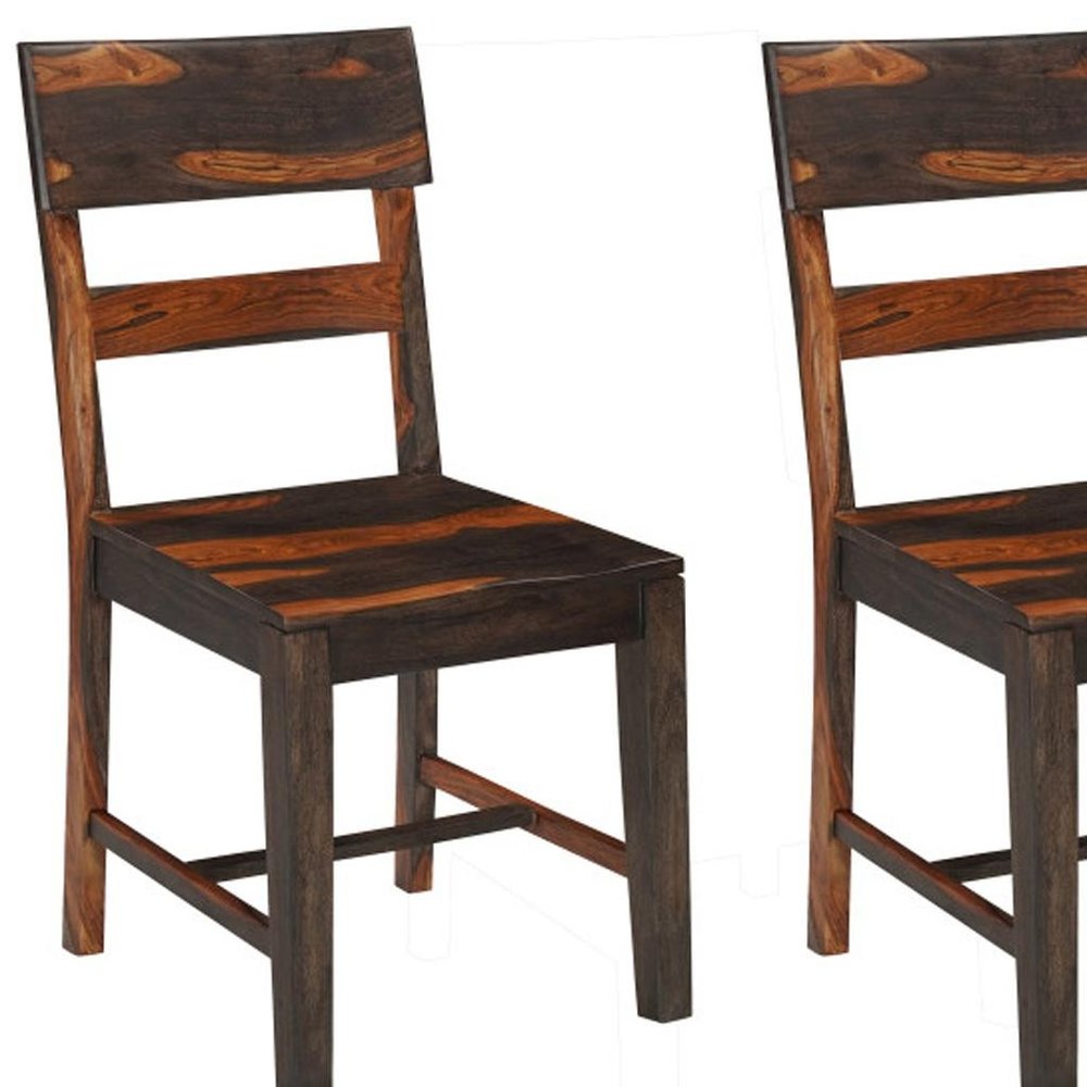 Set of Two Dark Brown Solid Wood Ladder Back Dining Side Chairs