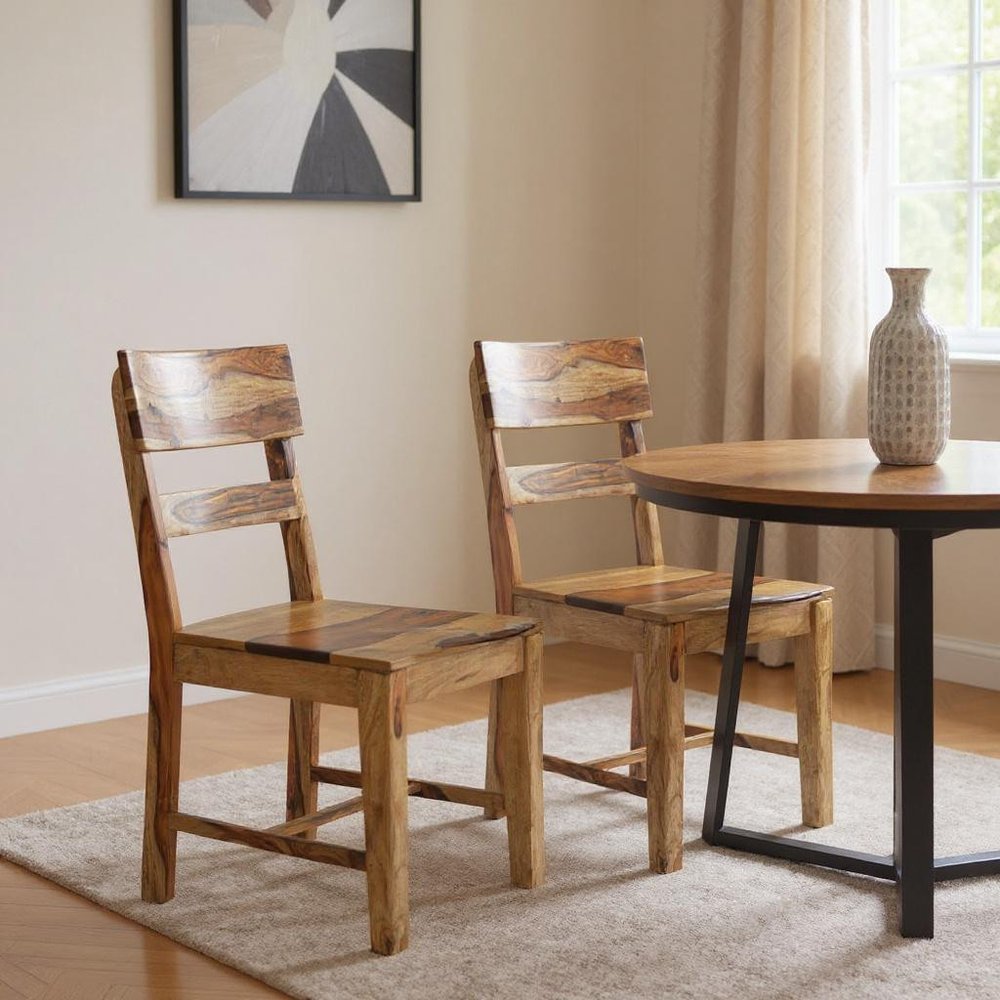 Set of Two Brown Solid Wood Ladder Back Dining Side Chairs