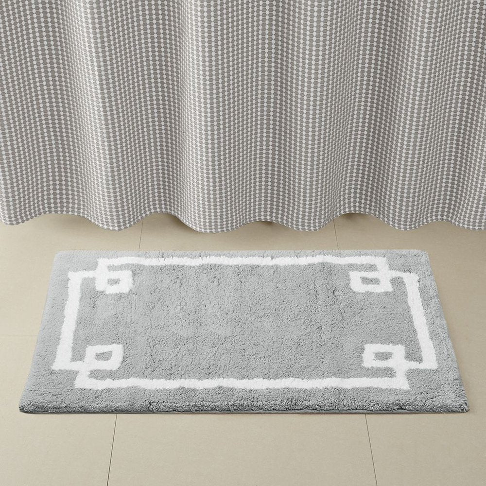 20" Gray And White Cotton Border Bath Rug