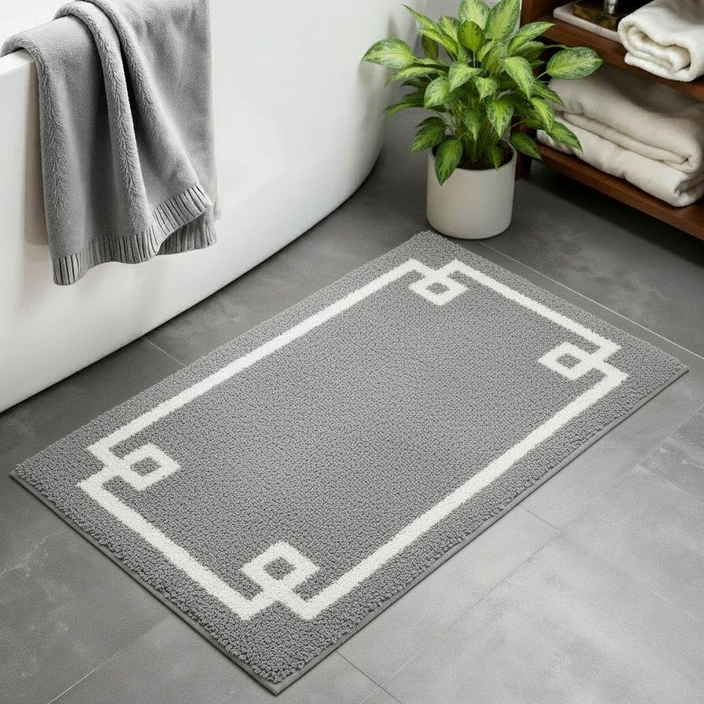 20" Gray And White Cotton Border Bath Rug