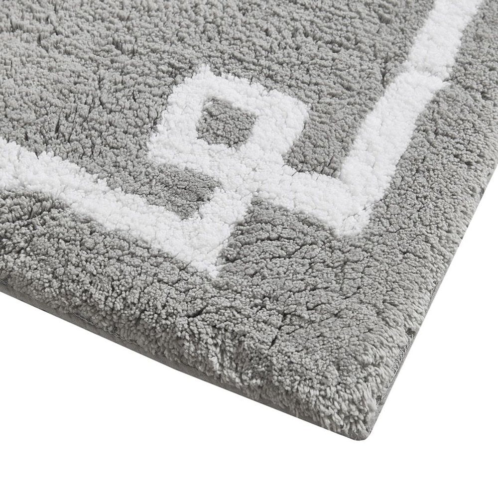 20" Gray And White Cotton Border Bath Rug