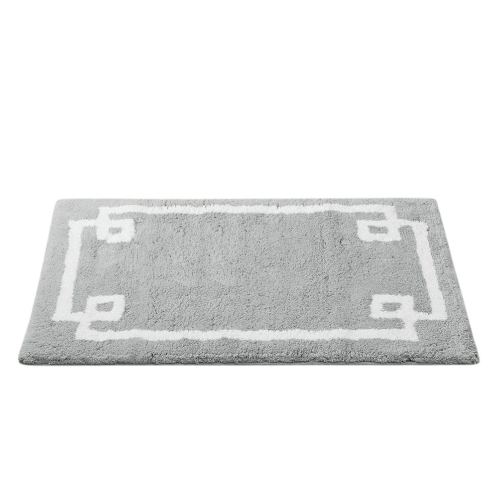 20" Gray And White Cotton Border Bath Rug