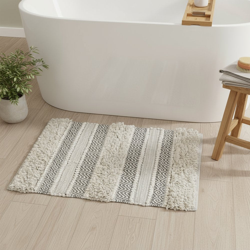 32" Ivory And Gray Cotton Striped Bath Rug
