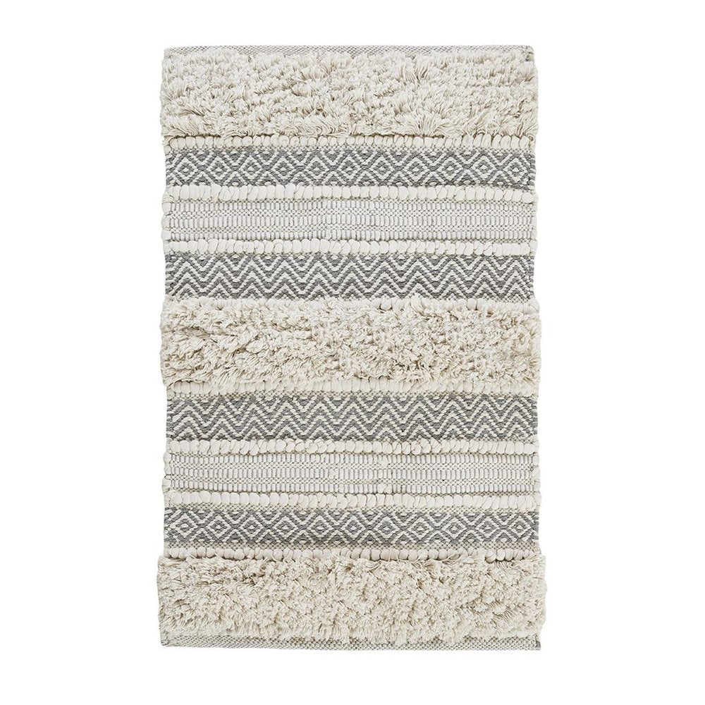32" Ivory And Gray Cotton Striped Bath Rug