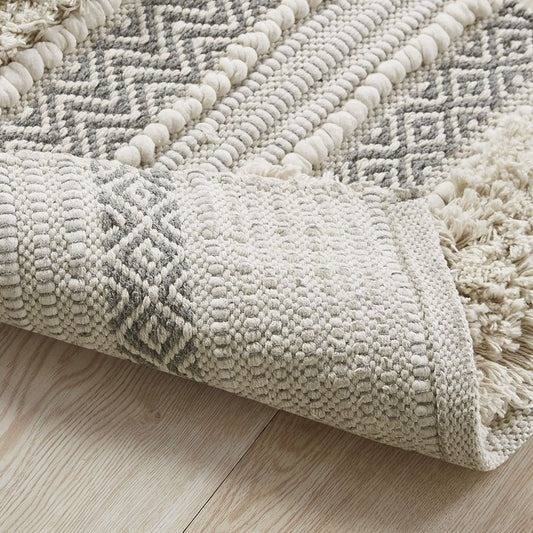 32" Ivory And Gray Cotton Striped Bath Rug
