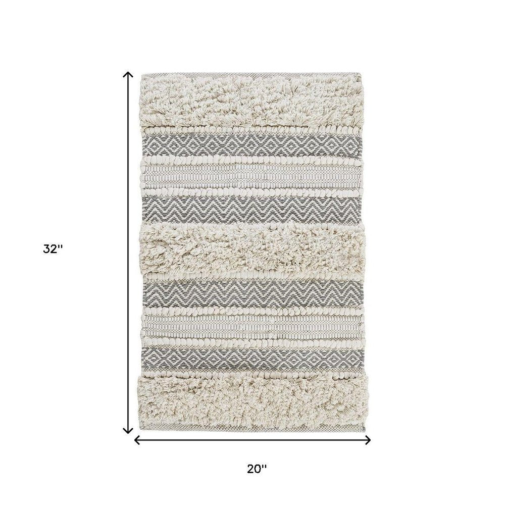 32" Ivory And Gray Cotton Striped Bath Rug
