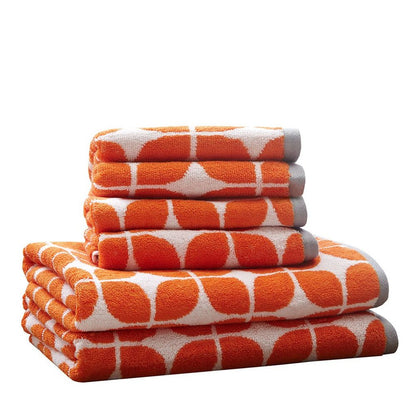 Set of Six Orange And White Cotton Geometric Jacquard Towel Set