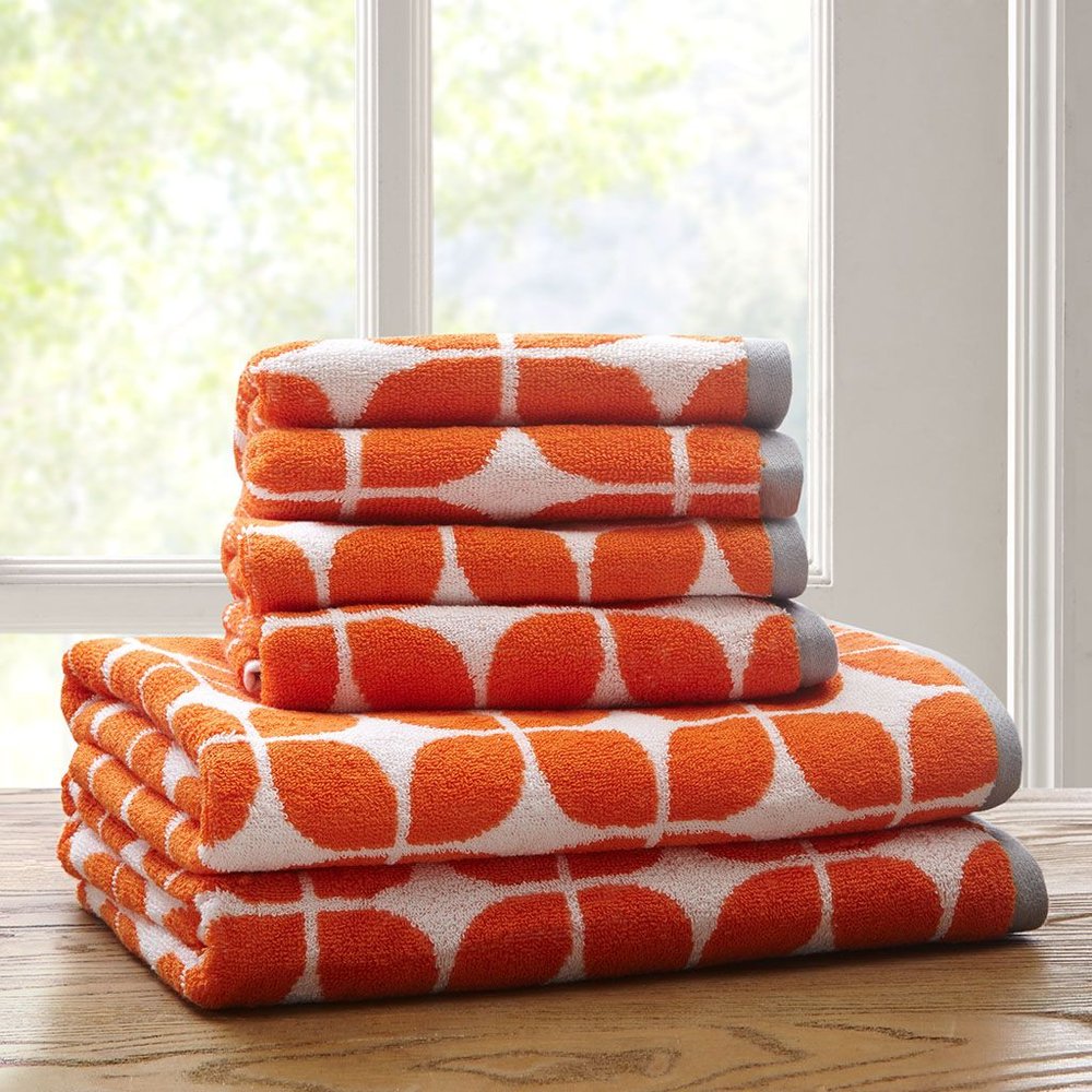 Set of Six Orange And White Cotton Geometric Jacquard Towel Set