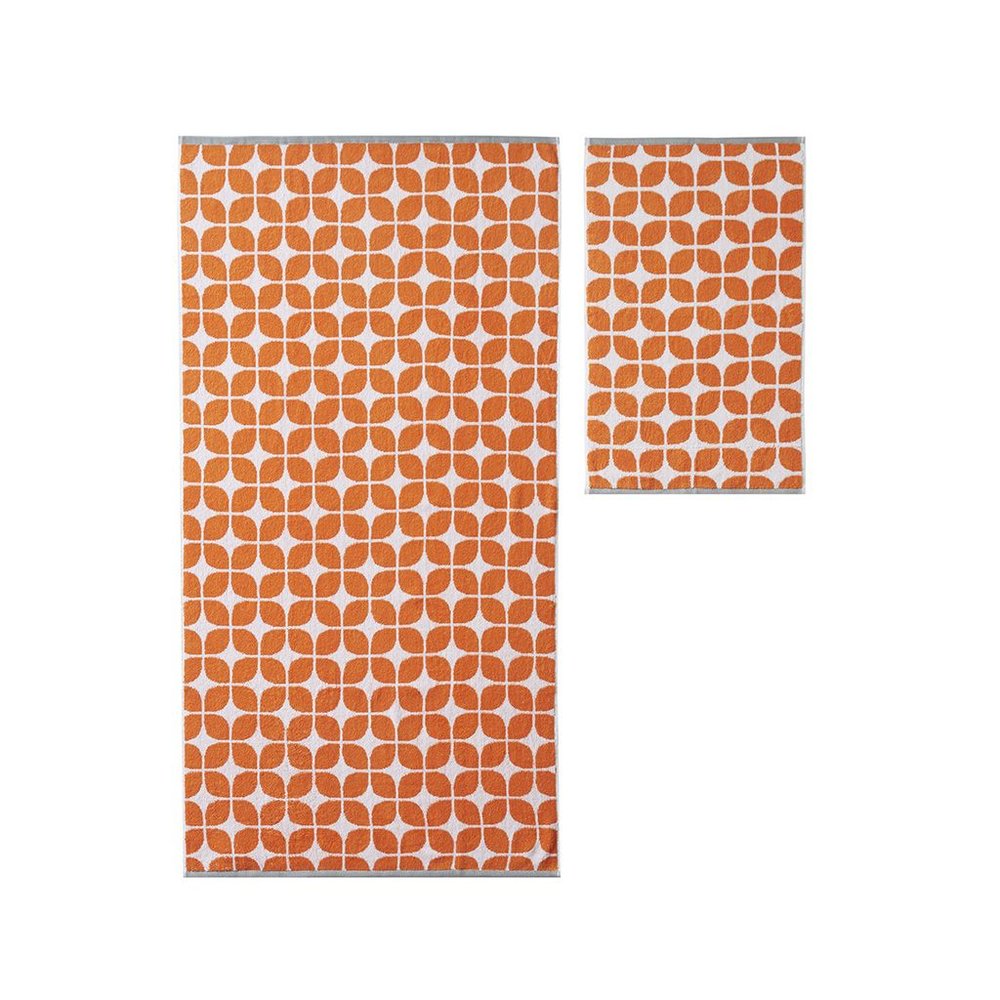 Set of Six Orange And White Cotton Geometric Jacquard Towel Set