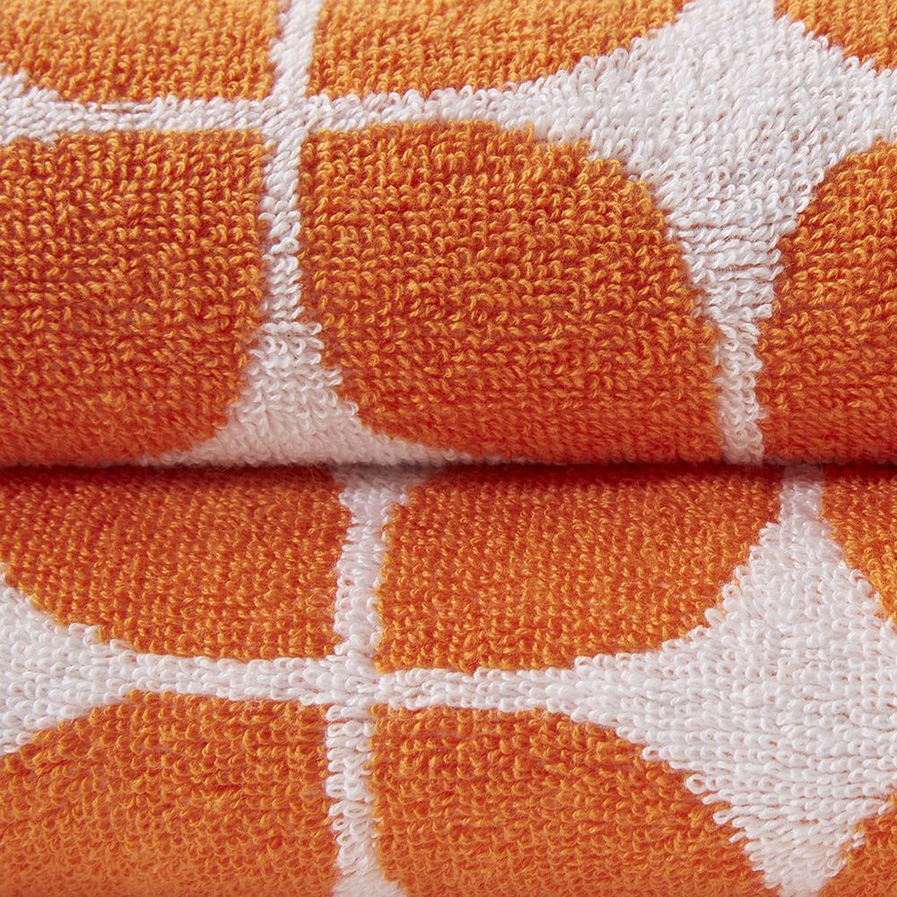 Set of Six Orange And White Cotton Geometric Jacquard Towel Set