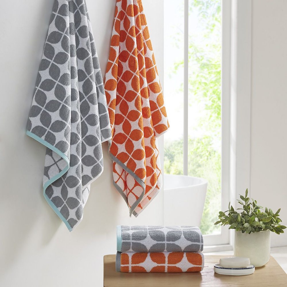 Set of Six Orange And White Cotton Geometric Jacquard Towel Set