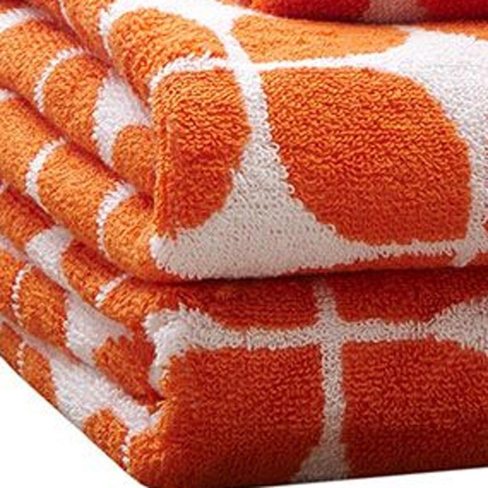 Set of Six Orange And White Cotton Geometric Jacquard Towel Set