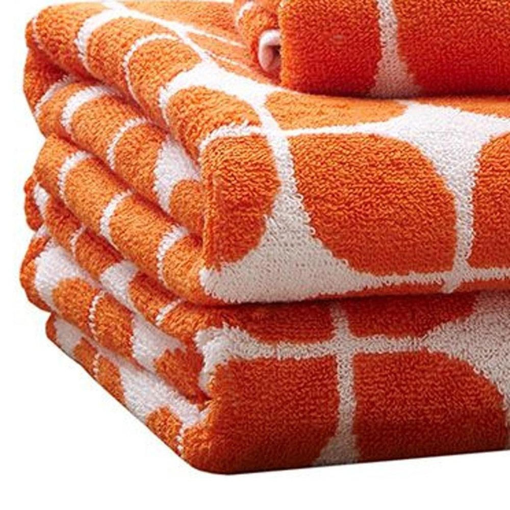 Set of Six Orange And White Cotton Geometric Jacquard Towel Set