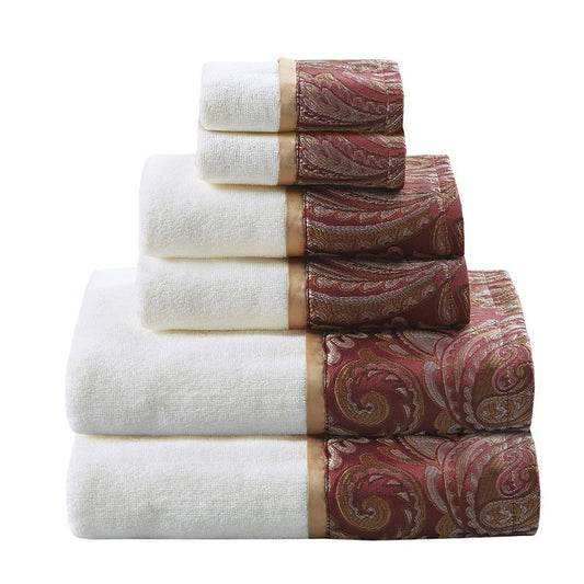 Set of Six White And Burgundy Cotton With Paisley Jacquard Towel Set