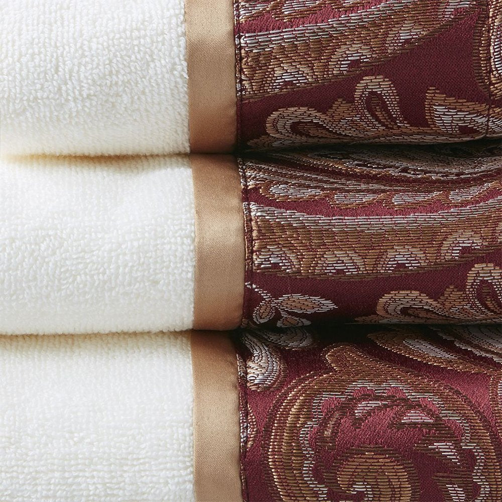 Set of Six White And Burgundy Cotton With Paisley Jacquard Towel Set