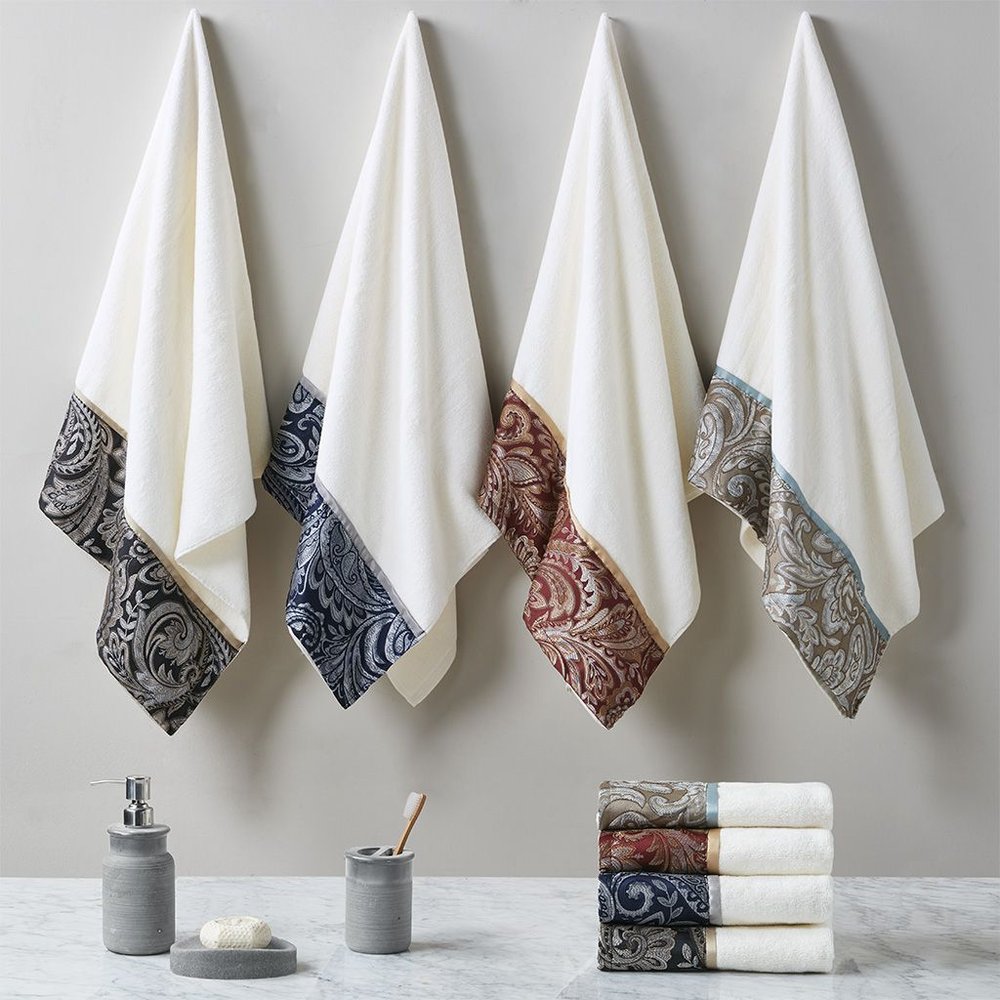 Set of Six White And Burgundy Cotton With Paisley Jacquard Towel Set