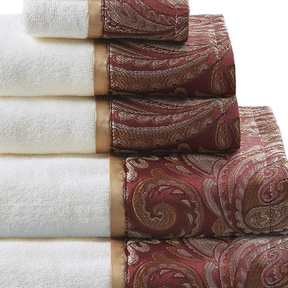Set of Six White And Burgundy Cotton With Paisley Jacquard Towel Set