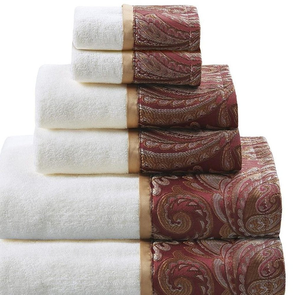 Set of Six White And Burgundy Cotton With Paisley Jacquard Towel Set
