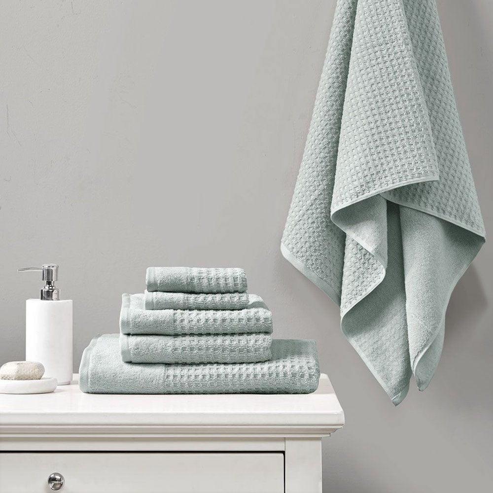 Set of Six Sea Green Cotton Honeycomb Waffle Towel Set