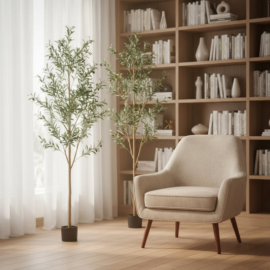 Set of Two 72" Green Artificial Olive Trees in a Black Pots