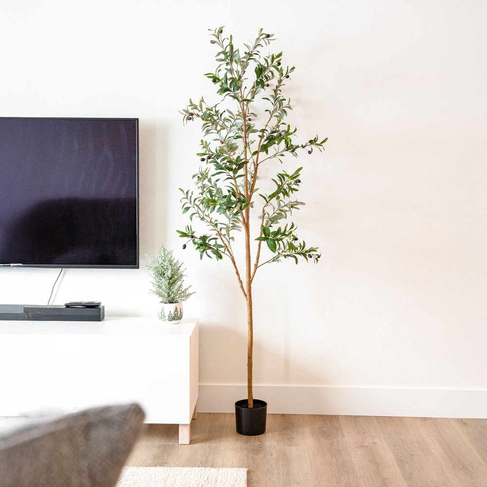 Set of Two 72" Green Artificial Olive Trees in a Black Pots