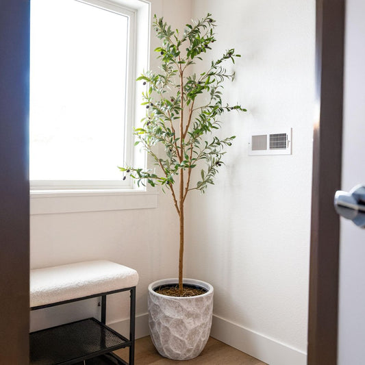 Set of Two 72" Green Artificial Olive Trees in a Black Pots