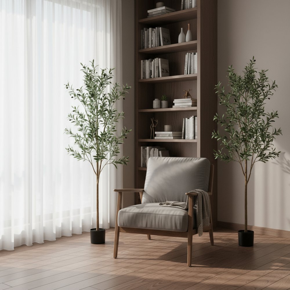 Set Of Two 84" Green Artificial Olive Trees in a Black Pot